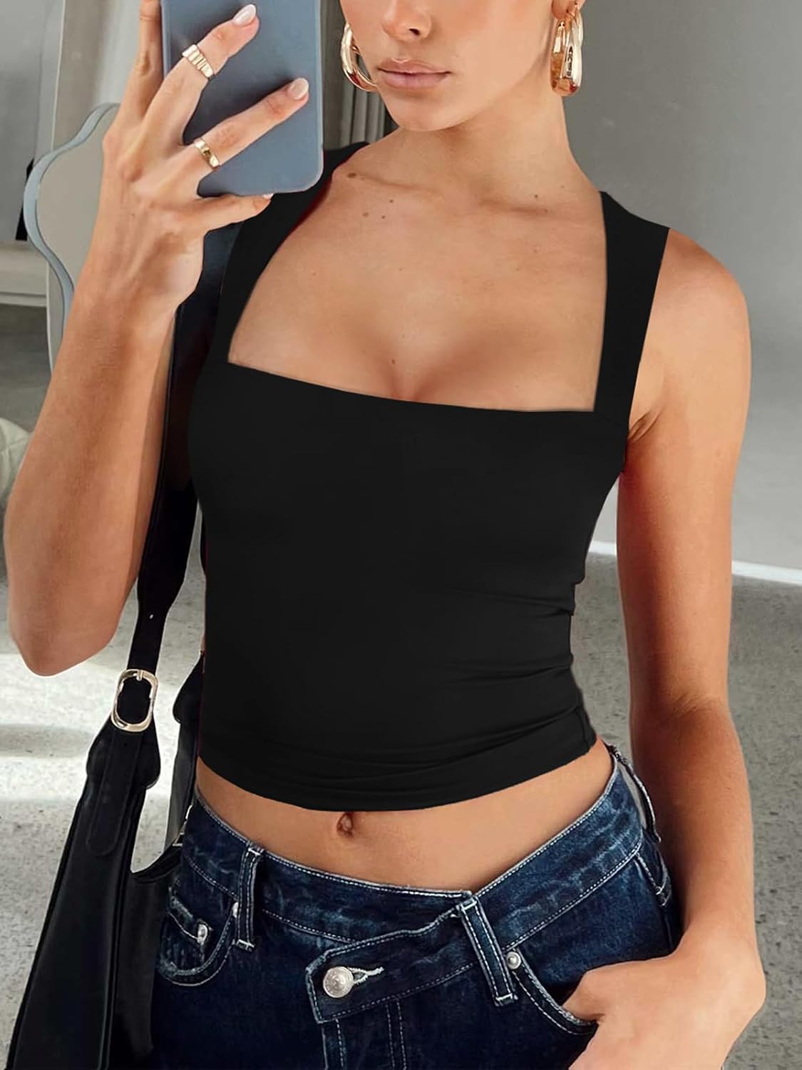 REORIA Butsmooth® Women's Square Neck Going Out Crop Tops Double Lined Cute Basic Tank Tops 2024 Clothes