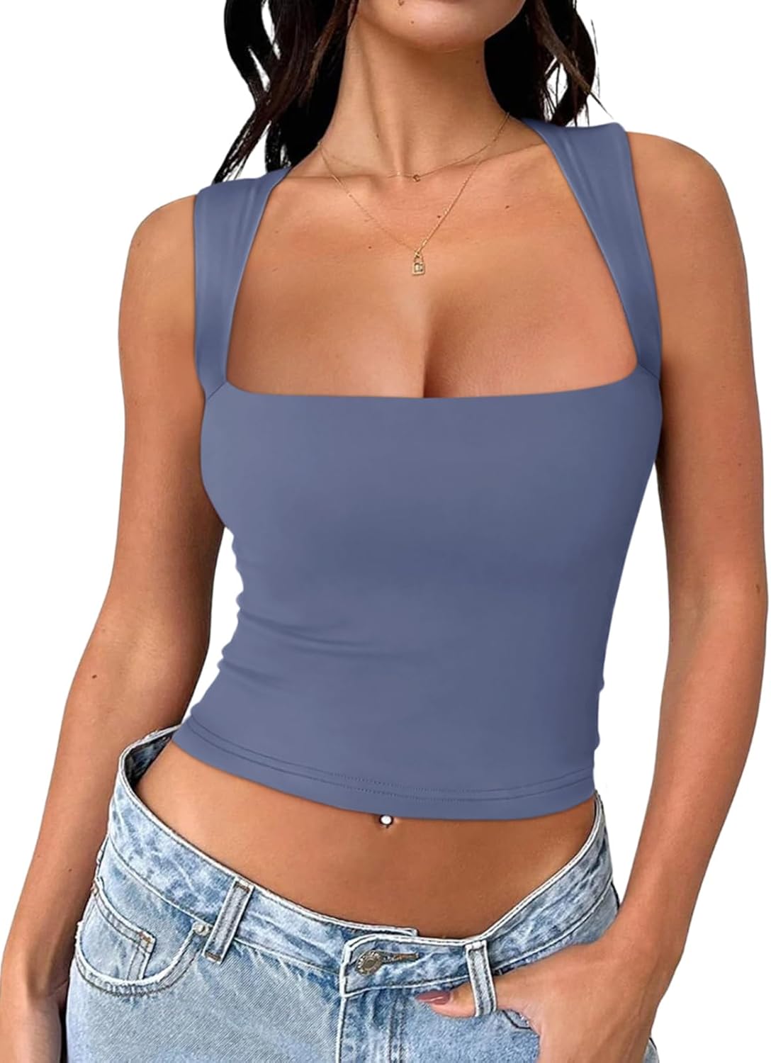REORIA Butsmooth® Women's Square Neck Going Out Crop Tops Double Lined Cute Basic Tank Tops 2024 Clothes