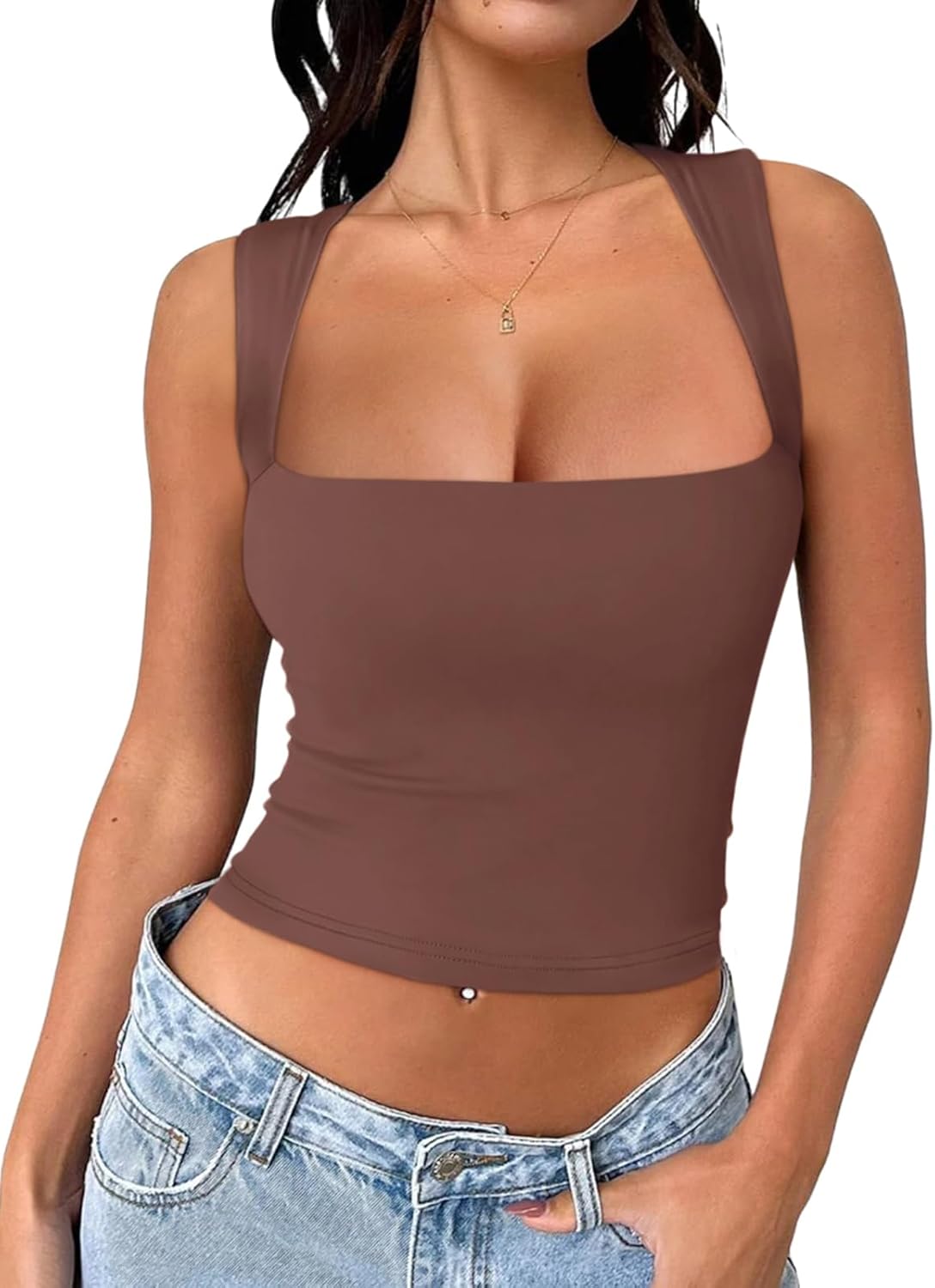 REORIA Butsmooth® Women's Square Neck Going Out Crop Tops Double Lined Cute Basic Tank Tops 2024 Clothes
