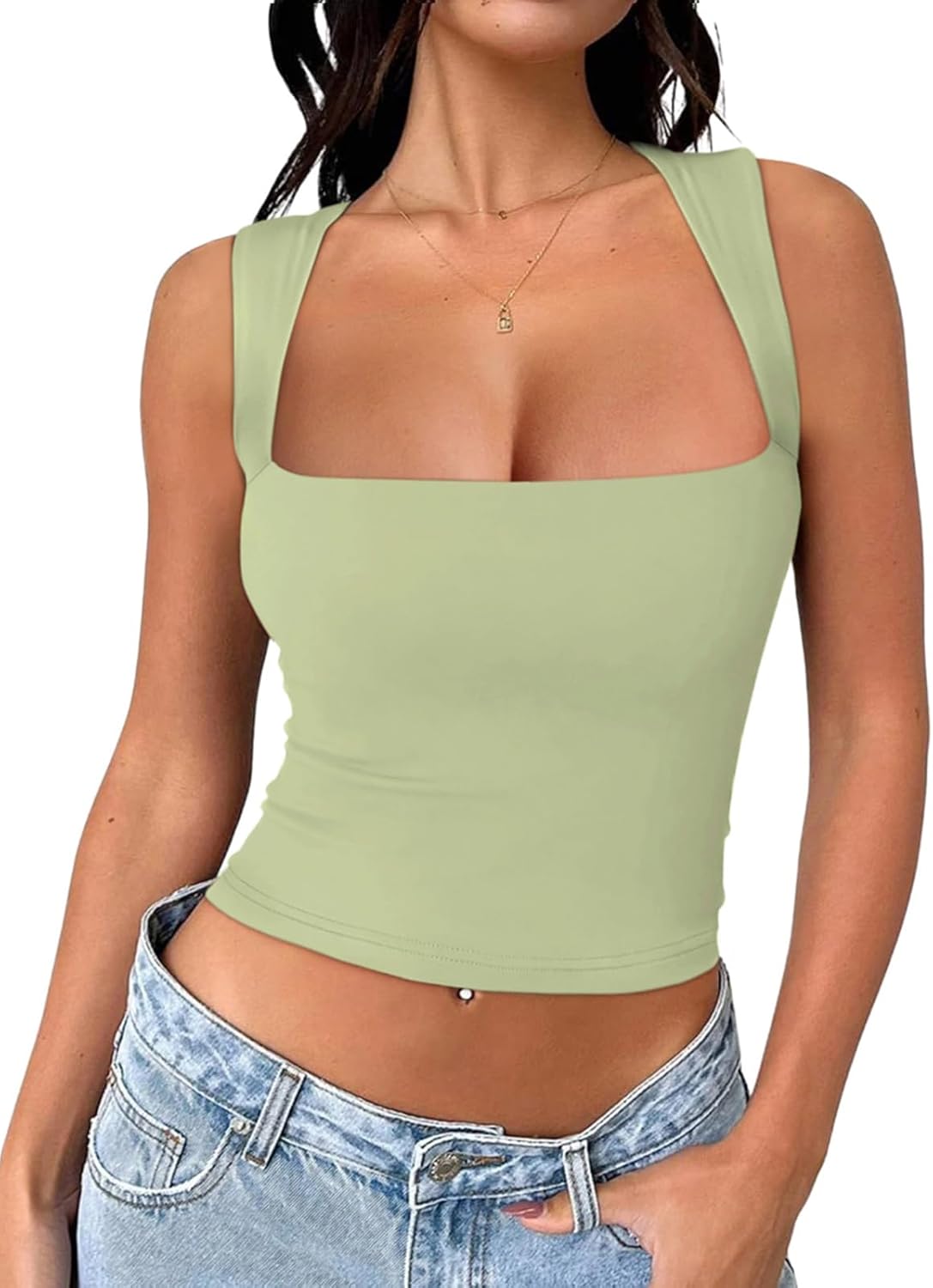 REORIA Butsmooth® Women's Square Neck Going Out Crop Tops Double Lined Cute Basic Tank Tops 2024 Clothes