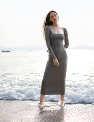 Vestido largo de manga larga con escote cuadrado para mujer de PUMIEY, vestido ajustado acanalado para mujer, vestido de salón suave 