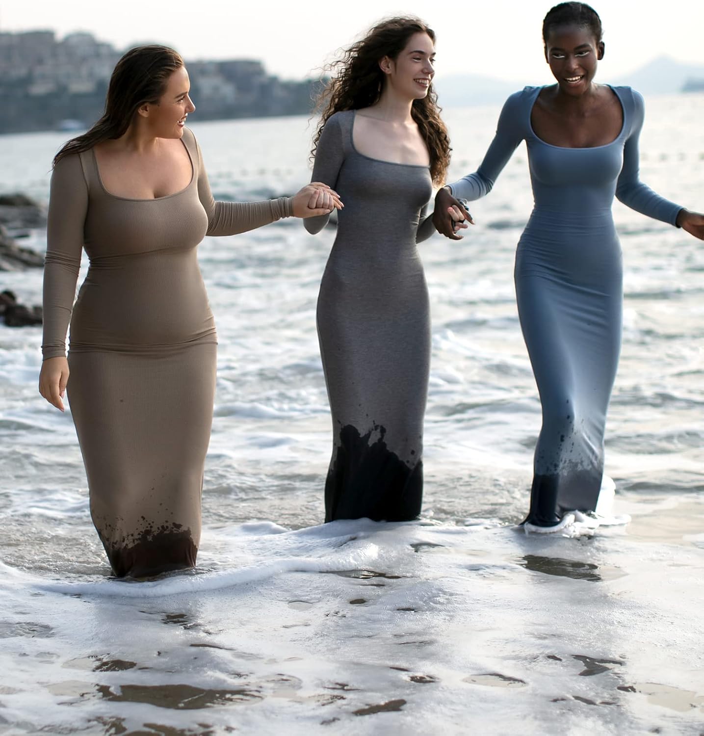 Vestido largo de manga larga con escote cuadrado para mujer de PUMIEY, vestido ajustado acanalado para mujer, vestido de salón suave 