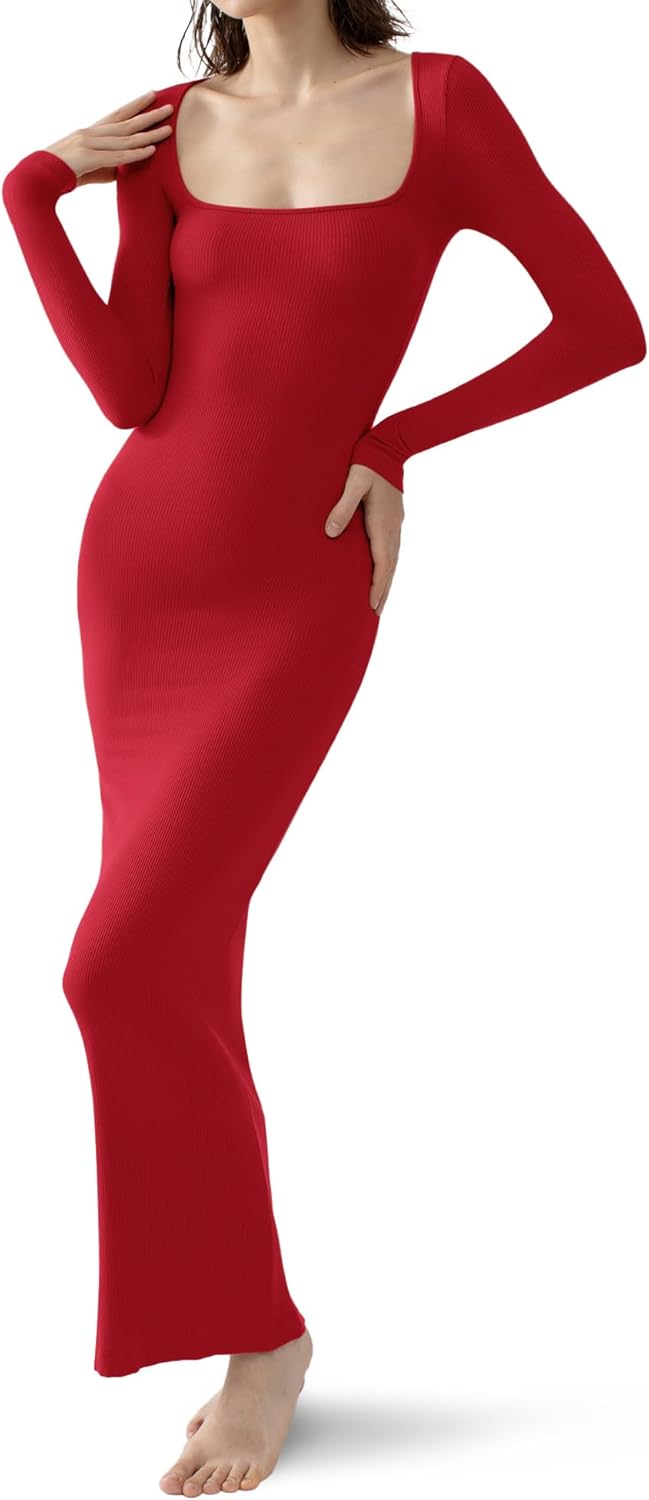 Vestido largo de manga larga con escote cuadrado para mujer de PUMIEY, vestido ajustado acanalado para mujer, vestido de salón suave 