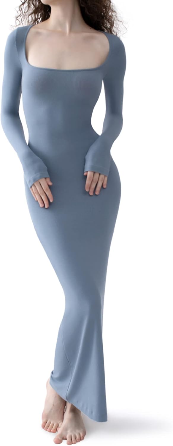 Vestido largo de manga larga con escote cuadrado para mujer de PUMIEY, vestido ajustado acanalado para mujer, vestido de salón suave 