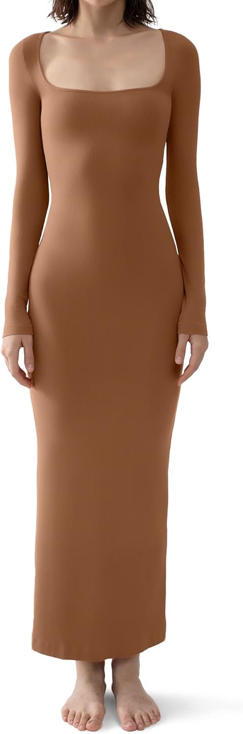Vestido largo de manga larga con escote cuadrado para mujer de PUMIEY, vestido ajustado acanalado para mujer, vestido de salón suave 