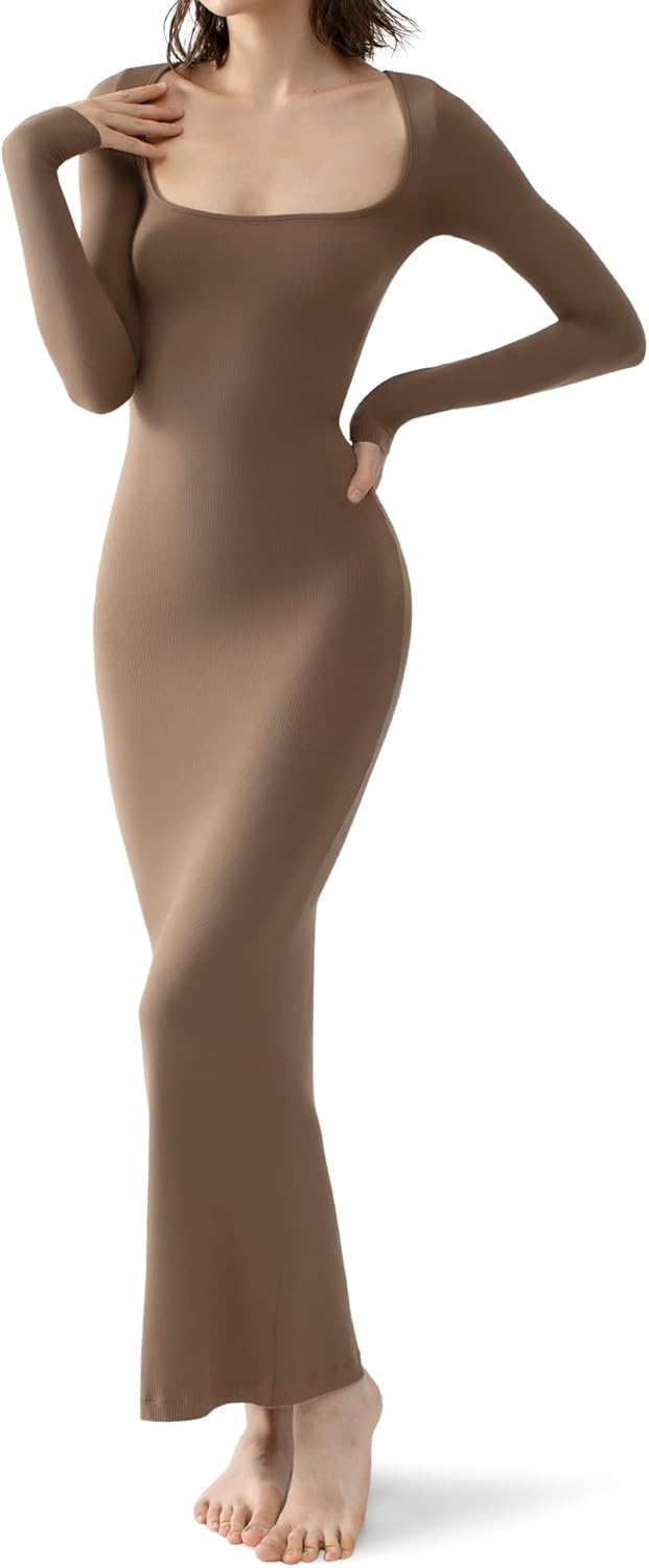 Vestido largo de manga larga con escote cuadrado para mujer de PUMIEY, vestido ajustado acanalado para mujer, vestido de salón suave 