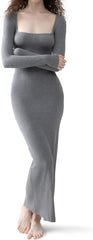 Vestido largo de manga larga con escote cuadrado para mujer de PUMIEY, vestido ajustado acanalado para mujer, vestido de salón suave 