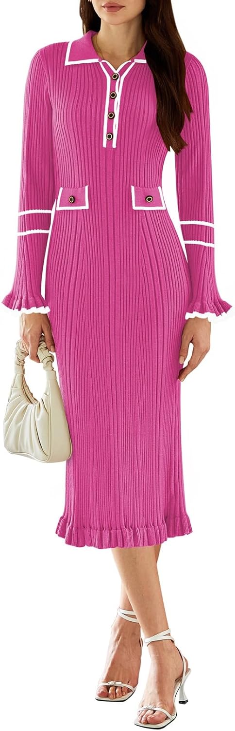 Vestido ajustado con escote en V para mujer de Pink Queen 2024, vestido largo ajustado con volantes y manga larga de punto acanalado y medio botón 