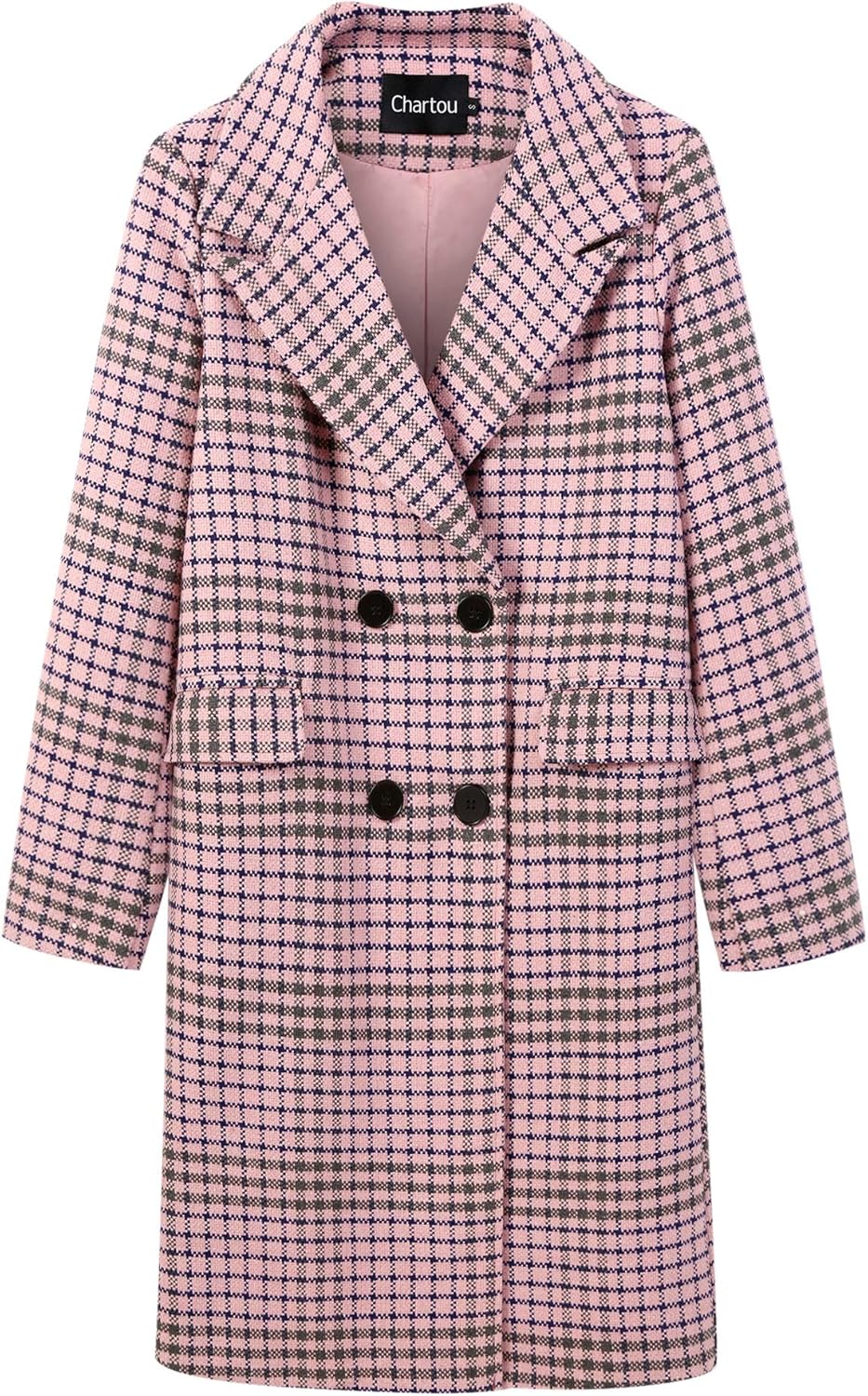 CHARTOU Women's Winter Oversize Lapel Collar Woolen Plaid Double Breasted Long Peacoat Jacket
