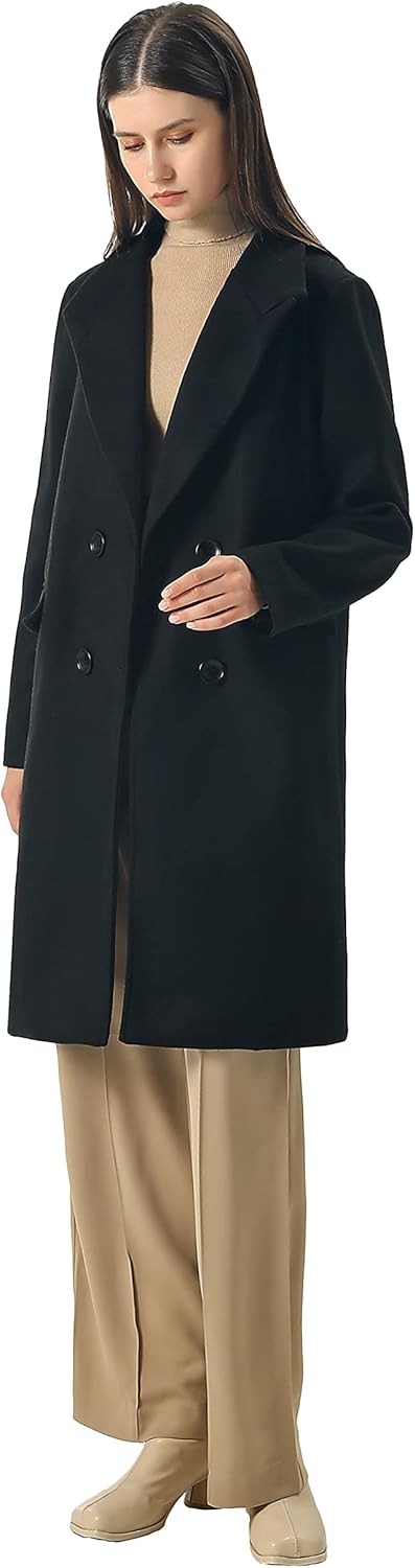 CHARTOU Women's Winter Oversize Lapel Collar Woolen Plaid Double Breasted Long Peacoat Jacket