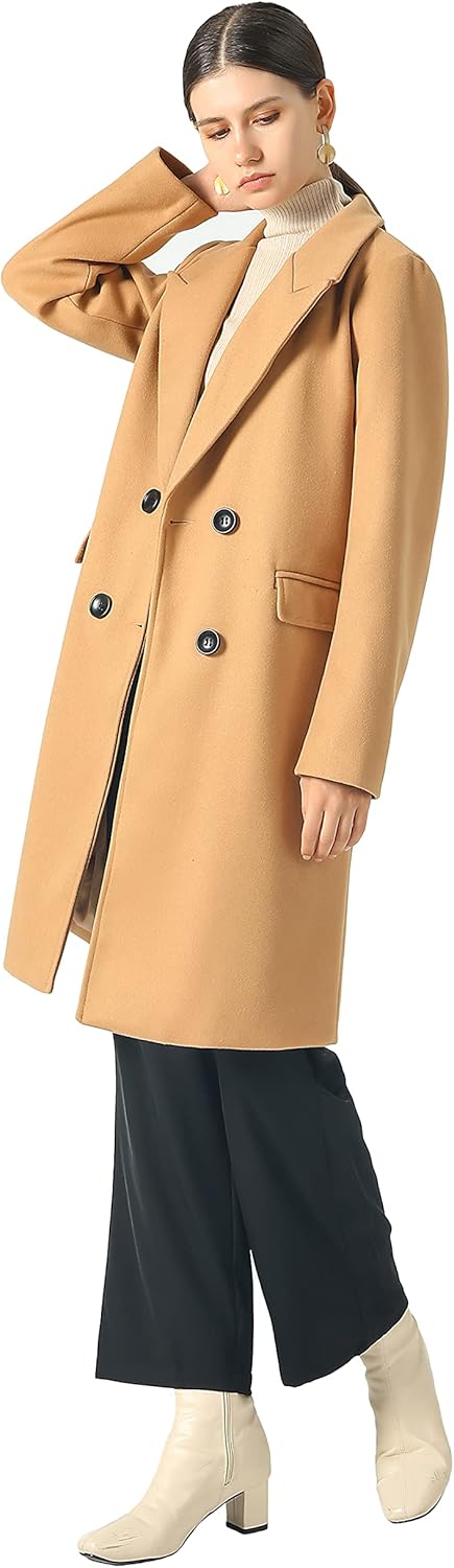 CHARTOU Women's Winter Oversize Lapel Collar Woolen Plaid Double Breasted Long Peacoat Jacket