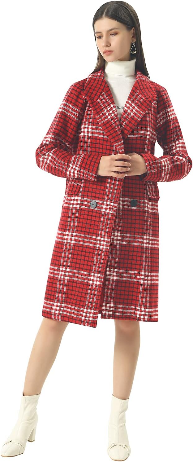 CHARTOU Women's Winter Oversize Lapel Collar Woolen Plaid Double Breasted Long Peacoat Jacket
