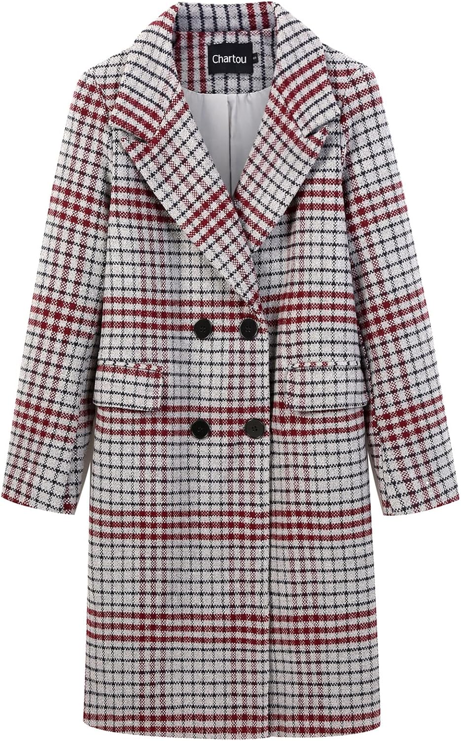 CHARTOU Women's Winter Oversize Lapel Collar Woolen Plaid Double Breasted Long Peacoat Jacket