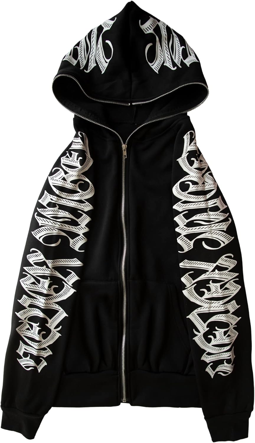 Women Zip Up Hoodie Y2k Letter Graphic Print Rhinestone Oversized Hoodies Gothic Jacket Vintage Streetwear