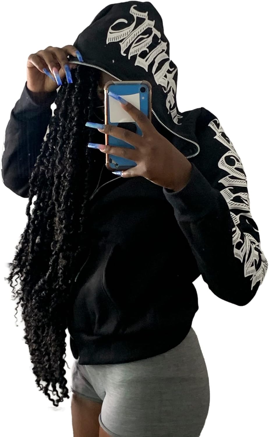 Women Zip Up Hoodie Y2k Letter Graphic Print Rhinestone Oversized Hoodies Gothic Jacket Vintage Streetwear
