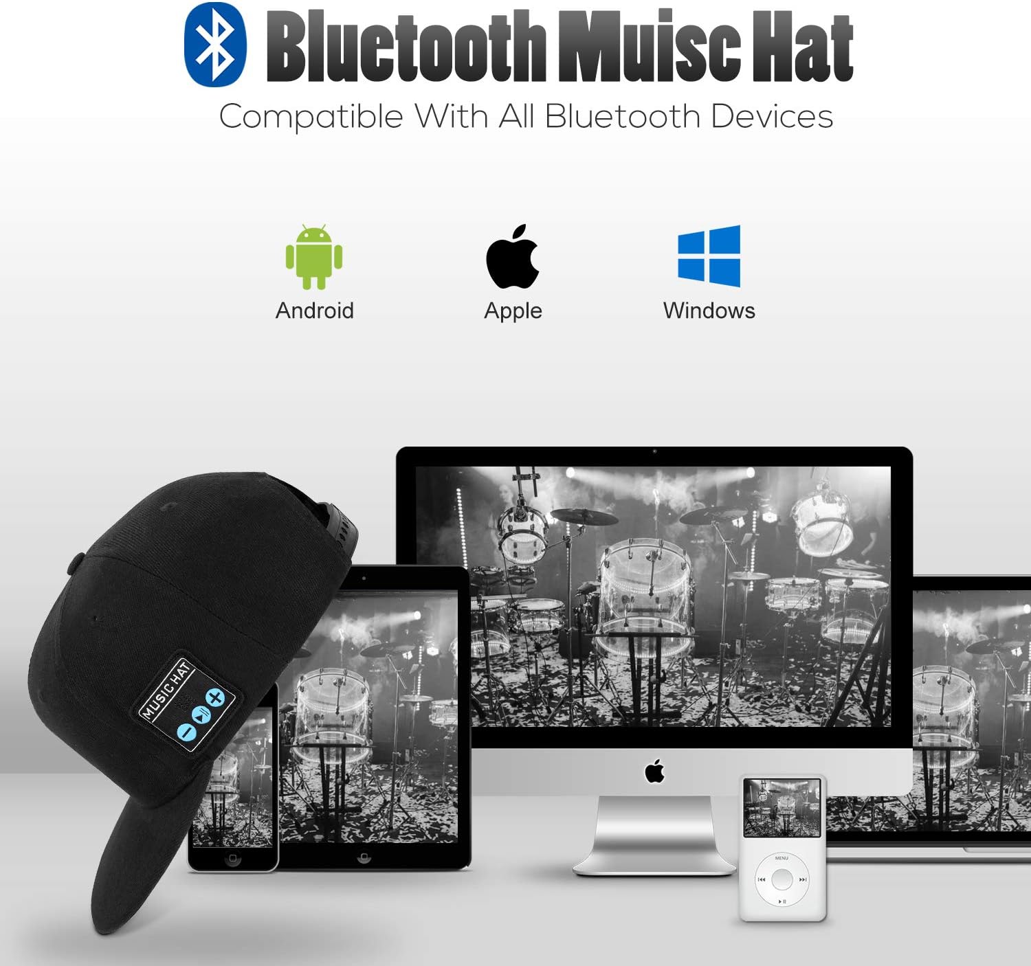 Bluetooth Music Hat with speakers, compatible with Android, Apple, and Windows devices, ideal for outdoor sports.