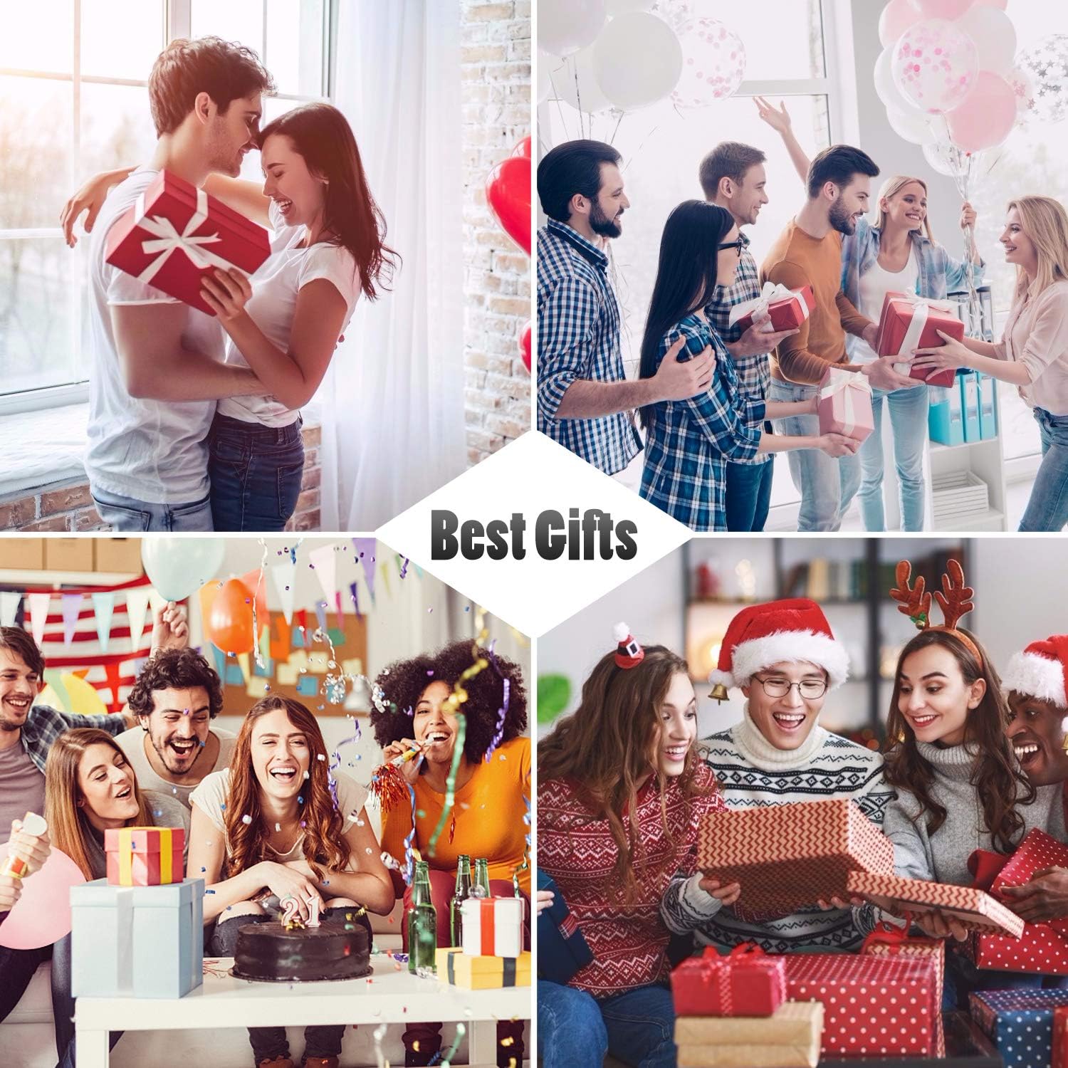 Collage of friends celebrating and exchanging gifts during festive occasions, showcasing joy and togetherness.
