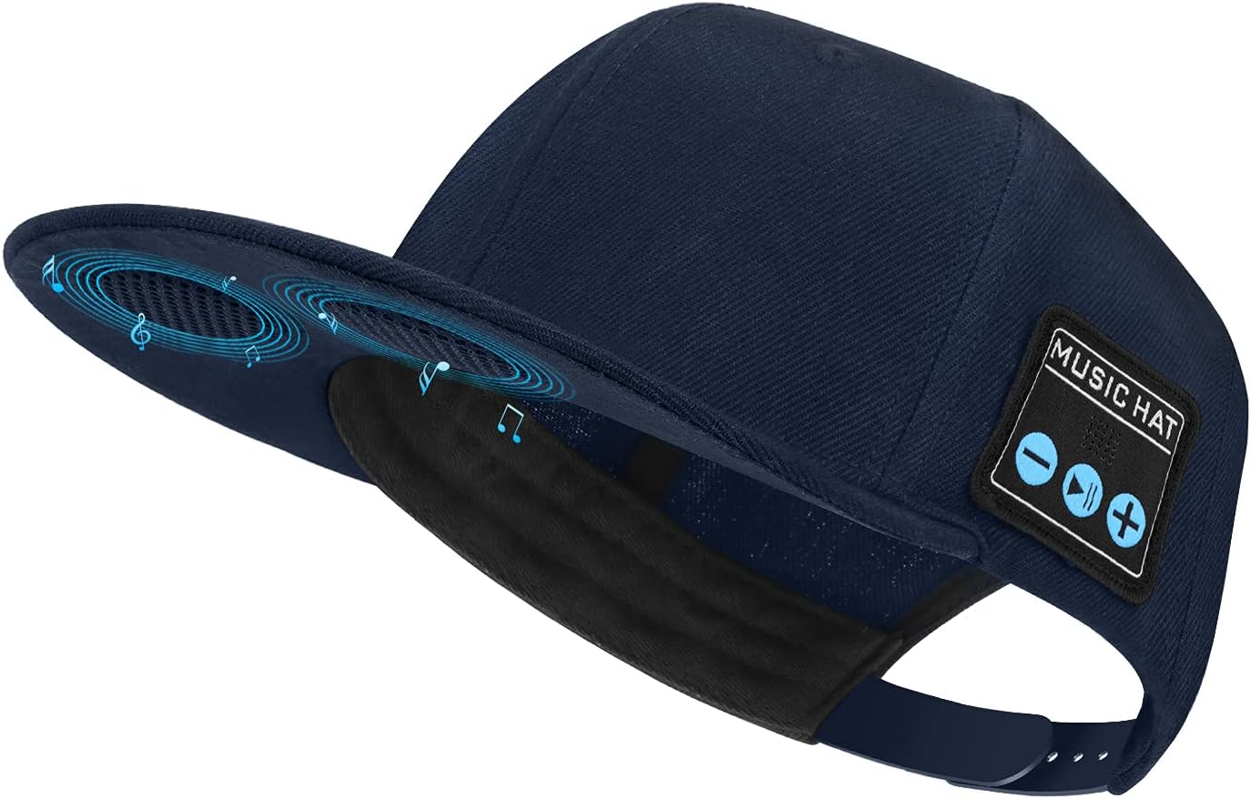 Blue Bluetooth cap with music controls, perfect for outdoor sports and listening to music on the go.