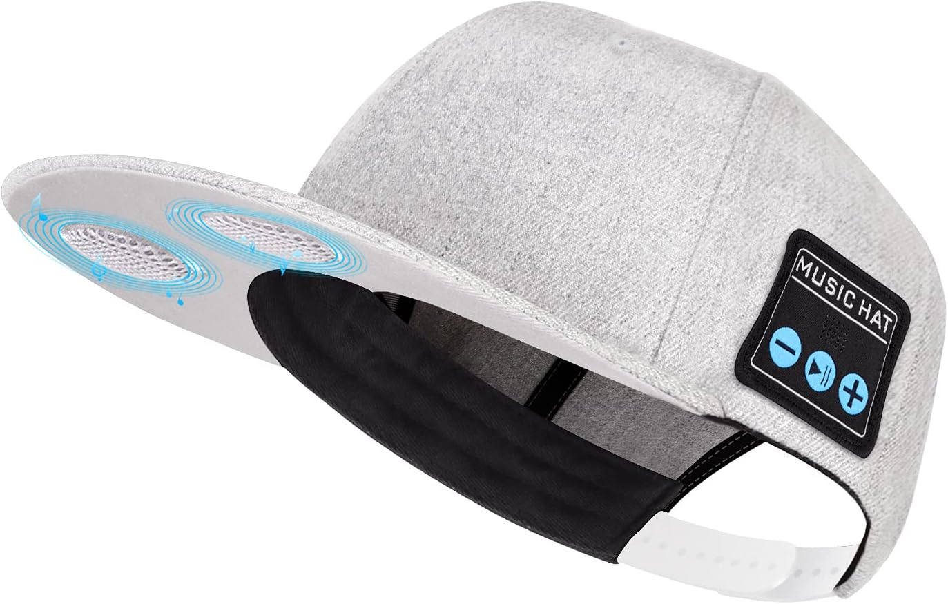 Gray music hat with Bluetooth speakers and adjustable strap perfect for outdoor sports.