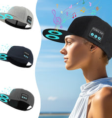 Music Hat with Bluetooth speaker showcased on a model at the beach, featuring sound waves and three color options.