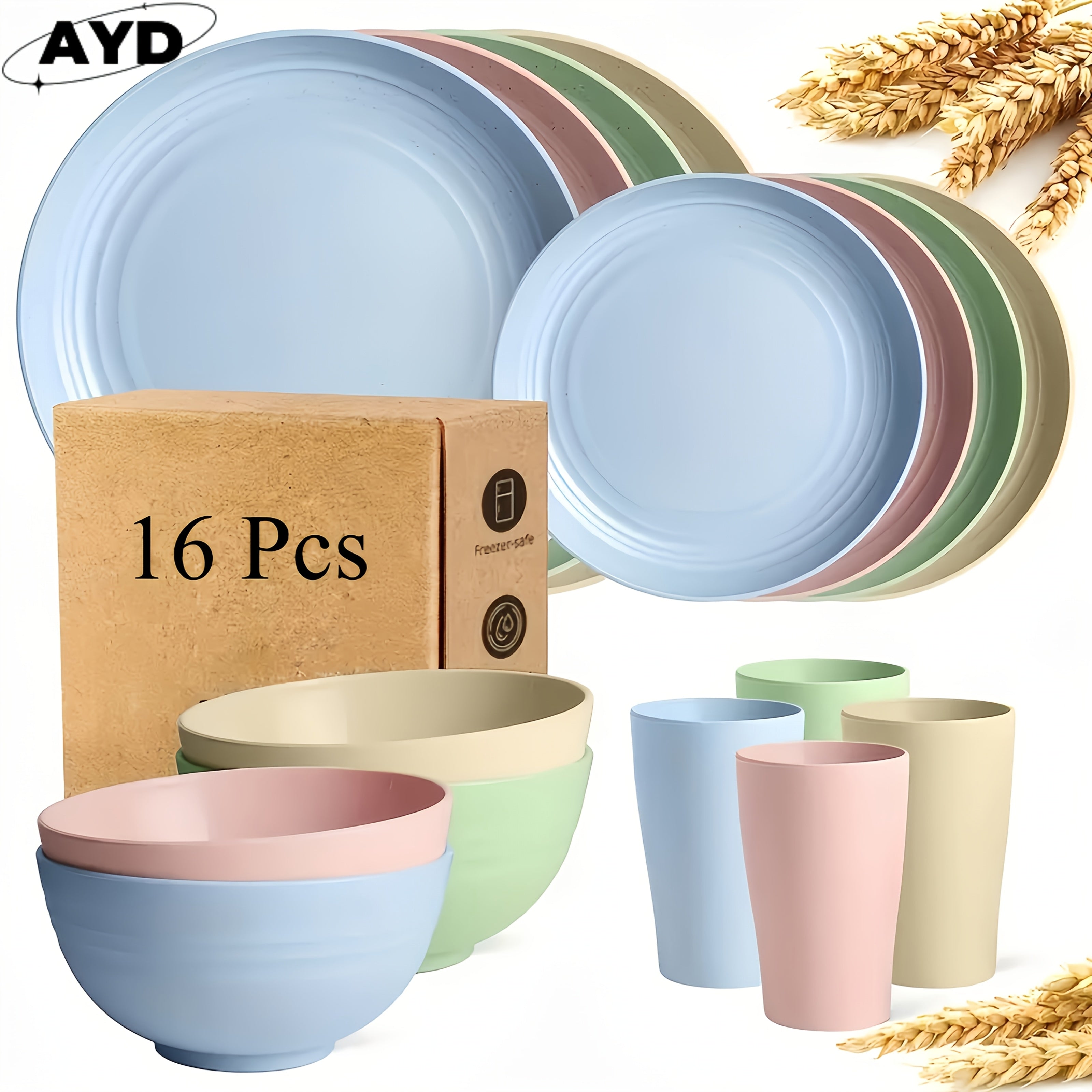 32-Pc Dinnerware Set: 16 Bread Plates, Serves 8 - Plates, Bowls, Mugs - Dishwasher & Microwave Safe - Lightweight for Camping/Daily - Gift Idea