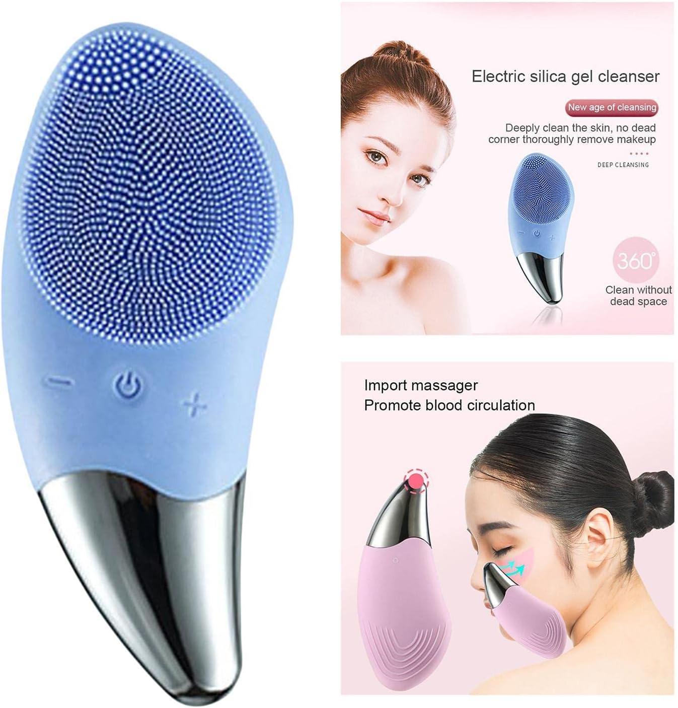 Ultrasonic Electric Silicone Facial Cleansing Brush Cleanser, Waterproof, Diminish Acne Breakouts