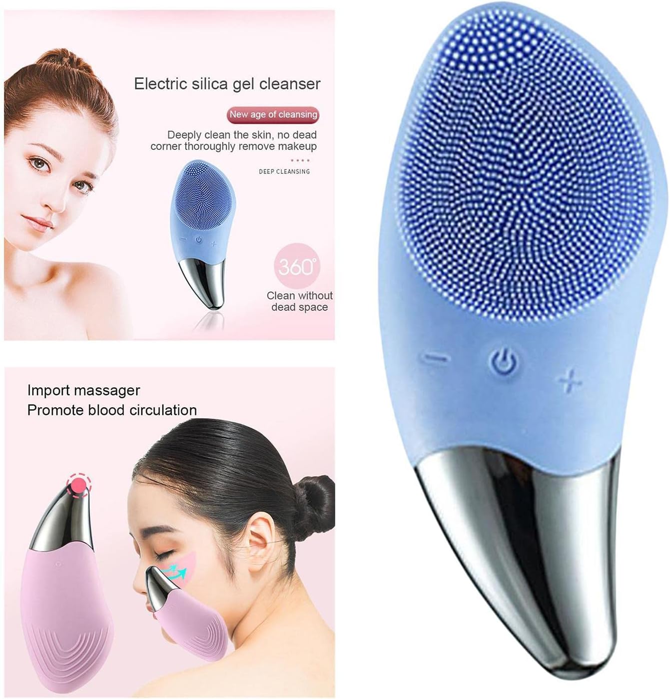 Ultrasonic Electric Silicone Facial Cleansing Brush Cleanser, Waterproof, Diminish Acne Breakouts