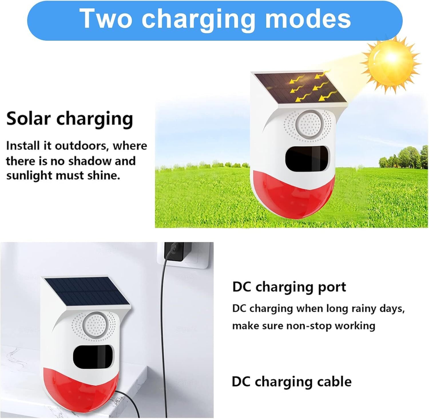 Solar Motion Alarm Outdoor 129dB Siren IP67 Waterproof (2 Pack)